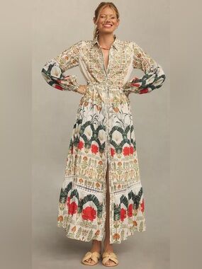 Anthropologie Eleanora Printed Long Sleeve Maxi Shirt Dress